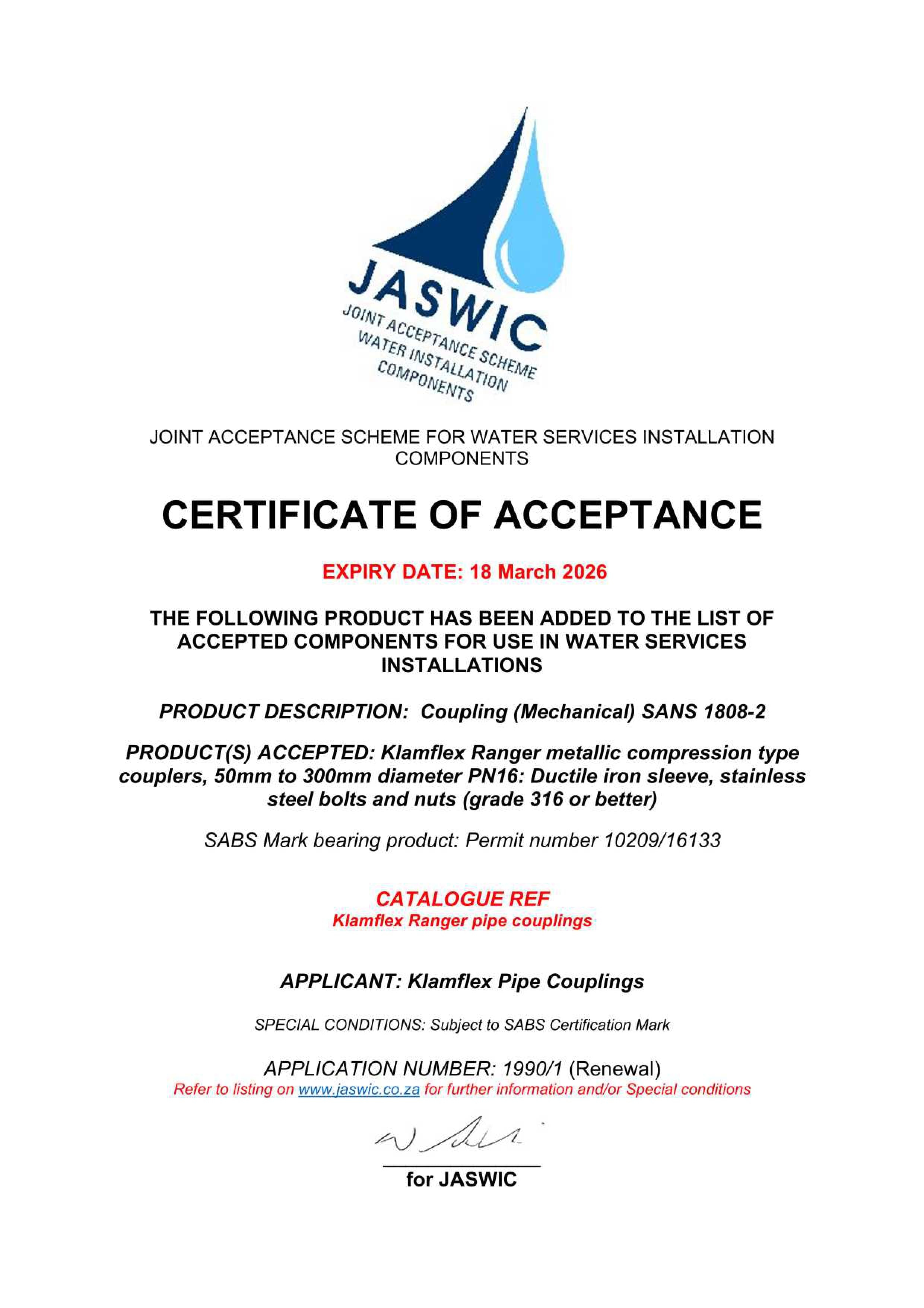 Klamflex JASWIC Certificate of Acceptance Joint Acceptance Scheme Water Installation Components